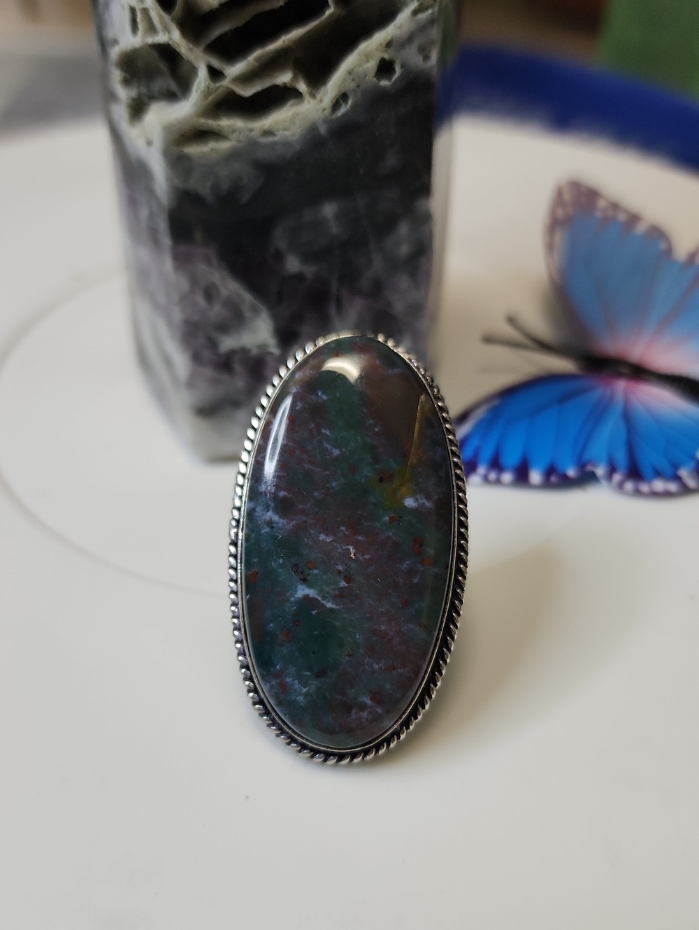 Green Bloodstone Oval Statement Ring
